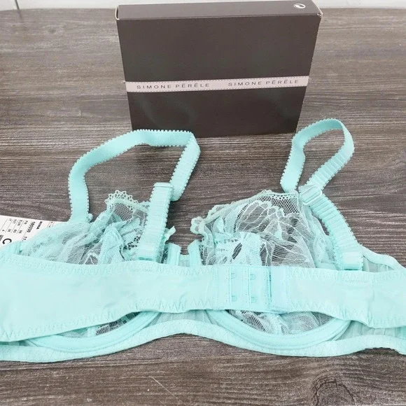 New! Simone Perele Balconette Bra Womens 36C Blue Lace Sheer Unlined Underwire - Picture 6 of 10